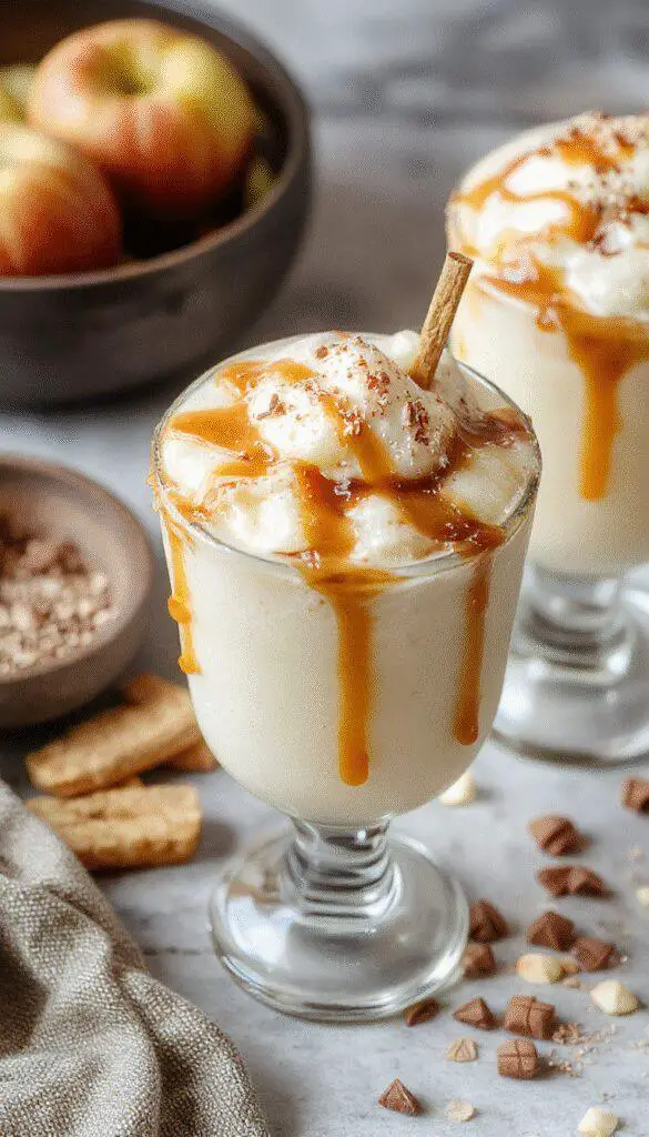 A tall glass of caramel apple cider float topped with whipped cream and caramel drizzle, garnished with a fresh apple slice and a cinnamon stick. The drink is vibrant with deep amber cider contrasting with the white foam and golden caramel, presented on a rustic wooden table with fall-themed accents.
