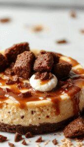 A decadent caramel brownie cheesecake topped with a drizzle of caramel sauce and a sprinkle of chopped nuts. The cheesecake has a rich, creamy texture with a dark chocolate crust visible around the edges. Garnished with a few dollops of whipped cream and delicate chocolate shavings, it is plated on a rustic wooden surface with a fork beside it, inviting indulgence.