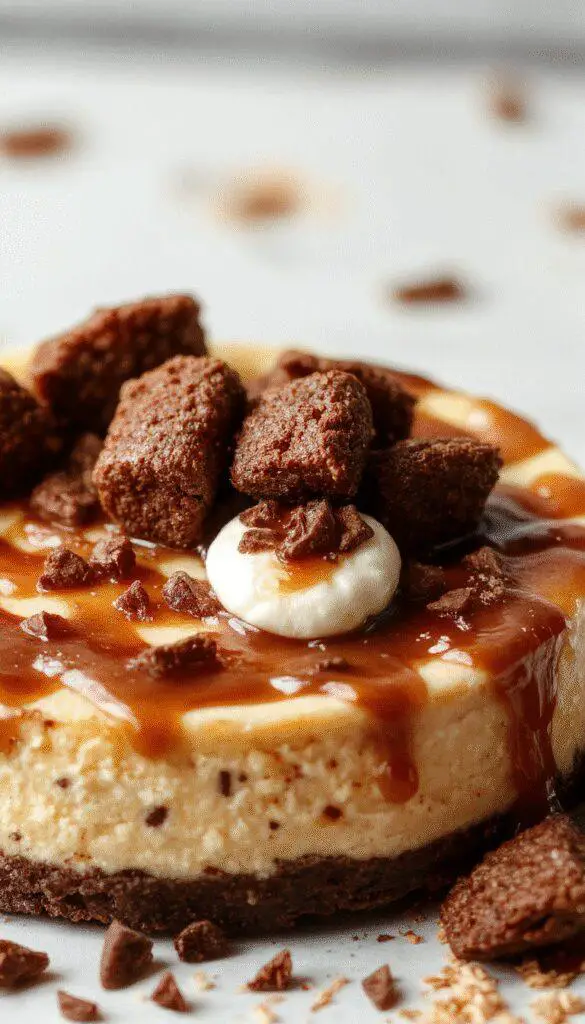 A decadent caramel brownie cheesecake topped with a drizzle of caramel sauce and a sprinkle of chopped nuts. The cheesecake has a rich, creamy texture with a dark chocolate crust visible around the edges. Garnished with a few dollops of whipped cream and delicate chocolate shavings, it is plated on a rustic wooden surface with a fork beside it, inviting indulgence.