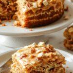 A slice of Healthy Caramel Toffee Crunch Cake featuring a layered composition with a glossy caramel glaze on top, sprinkled with crunchy toffee bits and a light dusting of powdered sugar. The cake sits on a rustic wooden plate, with a few caramel drizzles and toffee pieces artistically arranged around it, highlighting its rich textures and inviting colors.