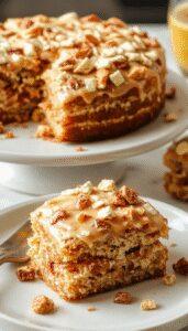 A slice of Healthy Caramel Toffee Crunch Cake featuring a layered composition with a glossy caramel glaze on top, sprinkled with crunchy toffee bits and a light dusting of powdered sugar. The cake sits on a rustic wooden plate, with a few caramel drizzles and toffee pieces artistically arranged around it, highlighting its rich textures and inviting colors.