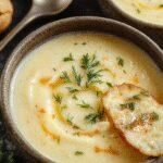 A creamy bowl of cheddar garlic herb potato soup topped with shredded cheese, fresh herbs, and a dollop of sour cream. The bowl is set on a rustic wooden table with a spoon, showcasing the smooth, velvety texture of the soup and garnishes that add color and freshness.