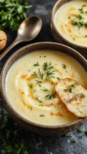 A creamy bowl of cheddar garlic herb potato soup topped with shredded cheese, fresh herbs, and a dollop of sour cream. The bowl is set on a rustic wooden table with a spoon, showcasing the smooth, velvety texture of the soup and garnishes that add color and freshness.