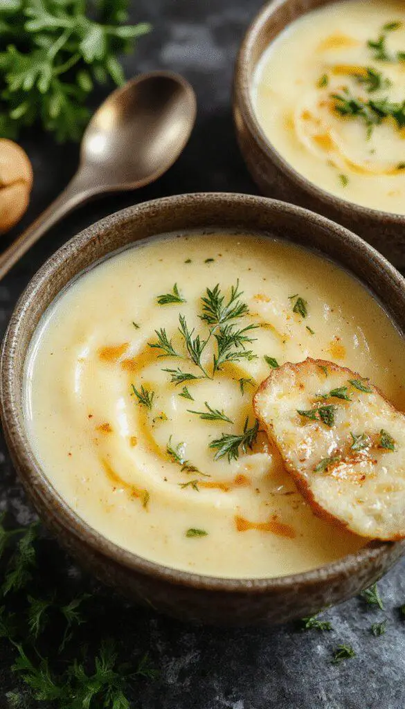 A creamy bowl of cheddar garlic herb potato soup topped with shredded cheese, fresh herbs, and a dollop of sour cream. The bowl is set on a rustic wooden table with a spoon, showcasing the smooth, velvety texture of the soup and garnishes that add color and freshness.