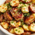 A close-up of golden roasted potatoes topped with melted cheese, sprinkled with fresh green herbs, alongside slices of smoked sausage with a charred exterior, all elegantly plated on a rustic wooden surface. The dish showcases creamy and crispy textures with vibrant colors emphasizing freshness and comfort.