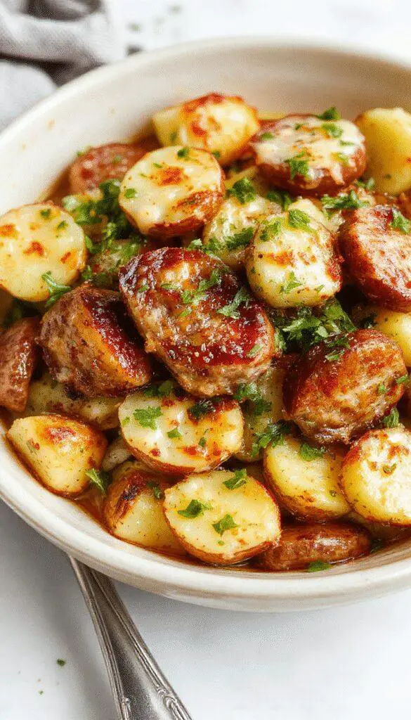 A close-up of golden roasted potatoes topped with melted cheese, sprinkled with fresh green herbs, alongside slices of smoked sausage with a charred exterior, all elegantly plated on a rustic wooden surface. The dish showcases creamy and crispy textures with vibrant colors emphasizing freshness and comfort.
