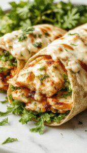 A close-up of a freshly assembled chicken Caesar wrap, featuring golden-brown toasted tortilla filled with tender chicken slices, crisp romaine lettuce, creamy Caesar dressing, and melted cheese oozing slightly at the edges, presented on a rustic wooden plate with fresh herbs scattered around.