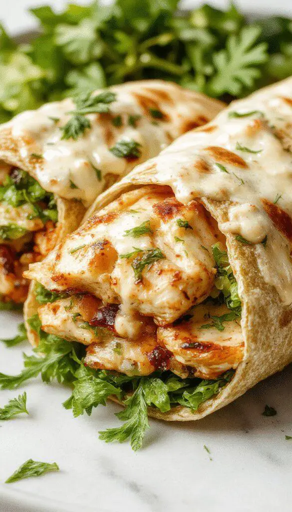 A close-up of a freshly assembled chicken Caesar wrap, featuring golden-brown toasted tortilla filled with tender chicken slices, crisp romaine lettuce, creamy Caesar dressing, and melted cheese oozing slightly at the edges, presented on a rustic wooden plate with fresh herbs scattered around.