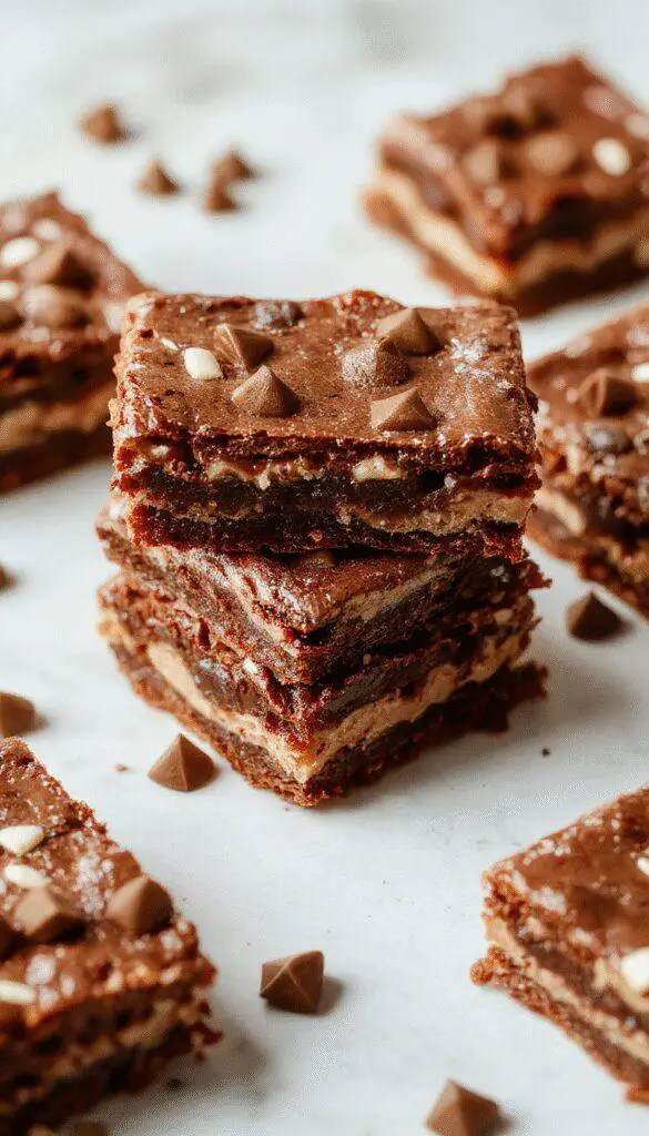 A close-up shot of a rich, fudgy chocolate mousse brownie sliced to reveal creamy layers inside, topped with a glossy chocolate glaze and garnished with a sprinkle of cocoa powder. The brownie showcases a moist, dense texture with a smooth, luscious interior contrasted by a shiny, slightly textured exterior.