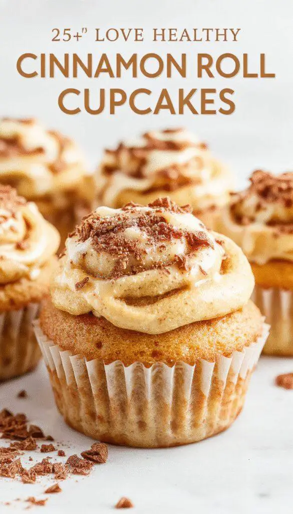 A tray of golden-brown cinnamon roll cupcakes topped with a swirl of icing, arranged on a rustic wooden surface with a soft-focus background showing cinnamon sticks and a small bowl of icing.