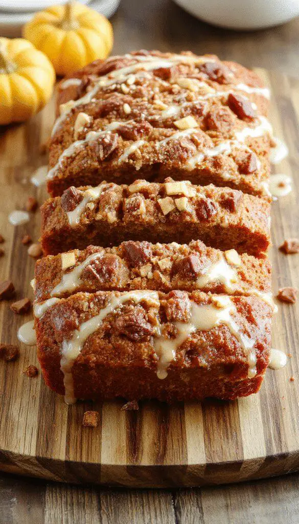 A slice of golden pumpkin bread with a crumbly streusel topping and a glossy maple glaze drizzled on top. The bread is placed on a rustic wooden board, with a soft focus on the textured streusel and moist interior showing through the cut edge. The colors are warm and inviting, featuring rich orange hues, golden brown streusel, and a hint of maple syrup shine.