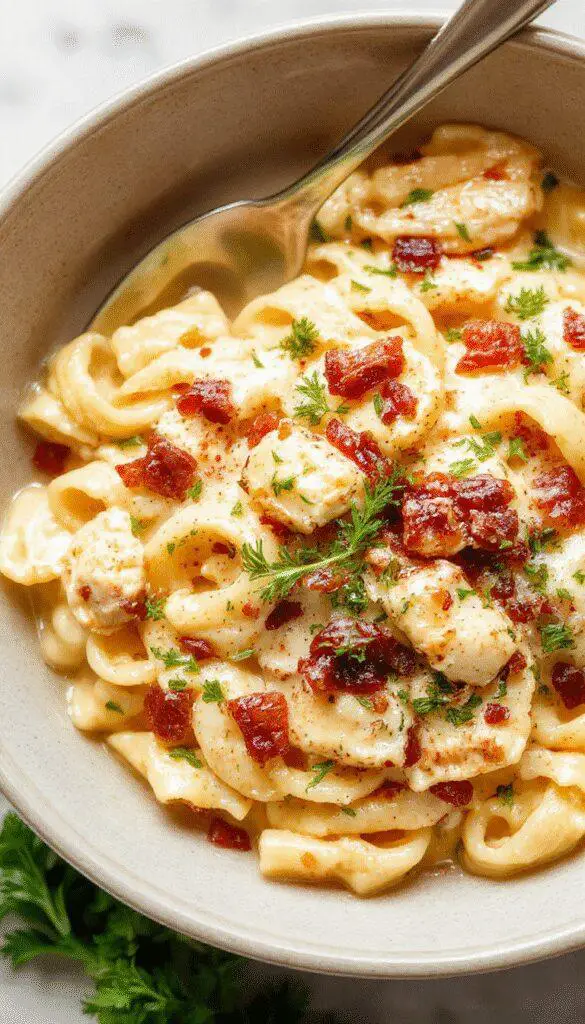 A creamy chicken bacon ranch pasta dish served in a white bowl, garnished with crispy bacon bits, fresh herbs, and shredded cheese. The pasta is coated in a rich, smooth sauce with visible pieces of tender chicken and crunchy bacon on top, set against a rustic wooden table background.
