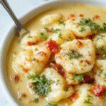 A bowl of creamy Tuscan ravioli soup garnished with fresh herbs, showcasing tender ravioli, spinach, and chunks of chicken in a rich, velvety broth, presented on a white plate with a rustic wooden background