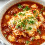 A steaming bowl of Healthy Crockpot Lasagna Soup featuring layers of rich tomato broth, melted cheese, and nestled pasta, garnished with fresh basil and grated Parmesan. The presentation showcases a rustic, inviting look with vibrant reds and greens contrasting against a cozy, homey setting.