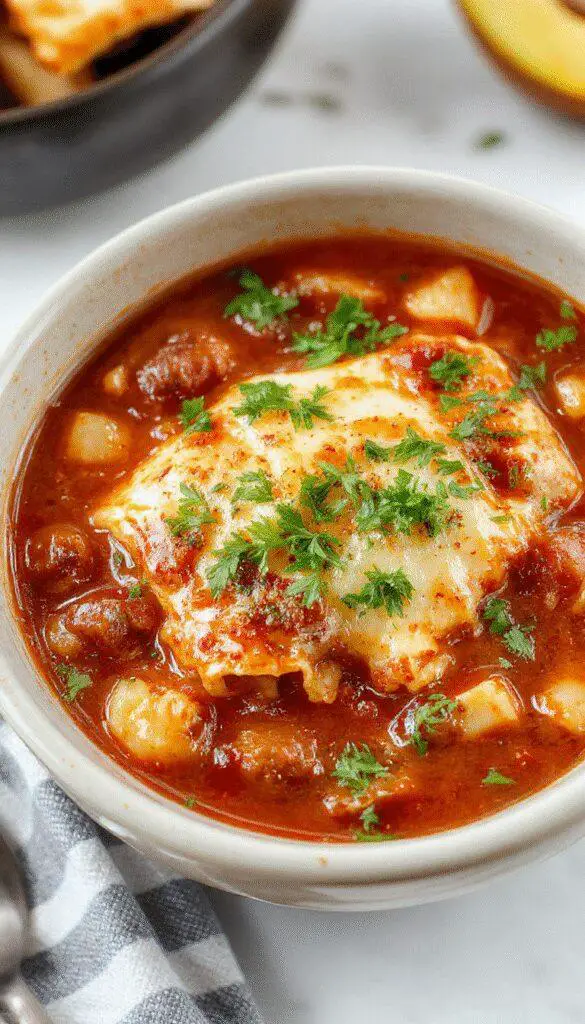 A steaming bowl of Healthy Crockpot Lasagna Soup featuring layers of rich tomato broth, melted cheese, and nestled pasta, garnished with fresh basil and grated Parmesan. The presentation showcases a rustic, inviting look with vibrant reds and greens contrasting against a cozy, homey setting.