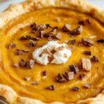 A slices of vibrant orange pumpkin pie with a smooth, creamy filling in a rustic white ceramic dish, topped with a light dusting of cinnamon and garnished with a dollop of whipped cream. The pie sits on a wooden table accompanied by a small bowl of cinnamon and a spoon, with soft natural lighting highlighting its glossy surface and airy texture.