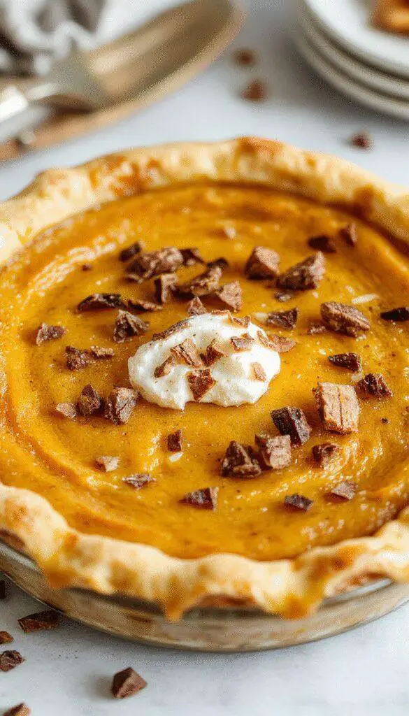 A slices of vibrant orange pumpkin pie with a smooth, creamy filling in a rustic white ceramic dish, topped with a light dusting of cinnamon and garnished with a dollop of whipped cream. The pie sits on a wooden table accompanied by a small bowl of cinnamon and a spoon, with soft natural lighting highlighting its glossy surface and airy texture.