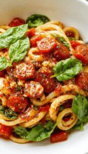 A vibrant plate of spinach and tomato pasta featuring fresh green spinach leaves, bright red cherry tomato halves, and al dente pasta strands topped with a sprinkle of grated cheese. The dish is served in a rustic white bowl on a wooden table, with a drizzle of olive oil and a few basil leaves garnish, creating an inviting and colorful presentation.