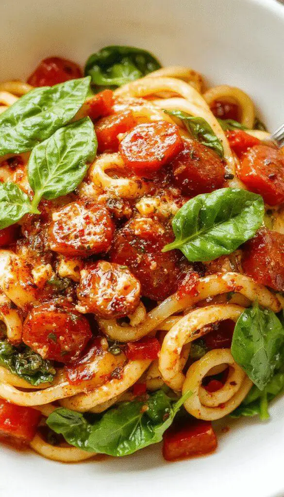 A vibrant plate of spinach and tomato pasta featuring fresh green spinach leaves, bright red cherry tomato halves, and al dente pasta strands topped with a sprinkle of grated cheese. The dish is served in a rustic white bowl on a wooden table, with a drizzle of olive oil and a few basil leaves garnish, creating an inviting and colorful presentation.