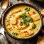 A vibrant bowl of Persian Potato Curry featuring golden yellow potatoes mixed with chopped green jalapenos and topped with fresh cilantro. The dish is served in a rustic ceramic bowl on a wooden table, with spices scattered around and a spoon resting beside it, highlighting the appetizing textures and colorful ingredients.