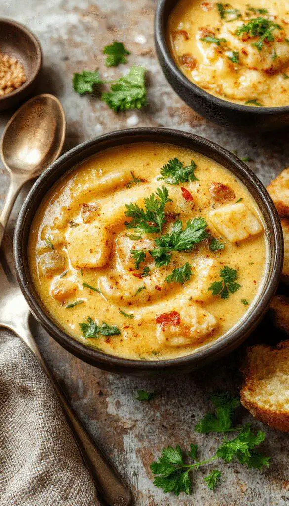 A vibrant bowl of Persian Potato Curry featuring golden yellow potatoes mixed with chopped green jalapenos and topped with fresh cilantro. The dish is served in a rustic ceramic bowl on a wooden table, with spices scattered around and a spoon resting beside it, highlighting the appetizing textures and colorful ingredients.