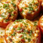 Colorful stuffed bell peppers, vibrant red and green, neatly arranged on a white plate. The peppers are halved and filled with a creamy, cheesy mixture, topped with fresh herbs. The image showcases the glossy, tender peppers and the smooth, textured filling inside, highlighting an inviting, wholesome presentation.