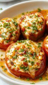 Colorful stuffed bell peppers, vibrant red and green, neatly arranged on a white plate. The peppers are halved and filled with a creamy, cheesy mixture, topped with fresh herbs. The image showcases the glossy, tender peppers and the smooth, textured filling inside, highlighting an inviting, wholesome presentation.