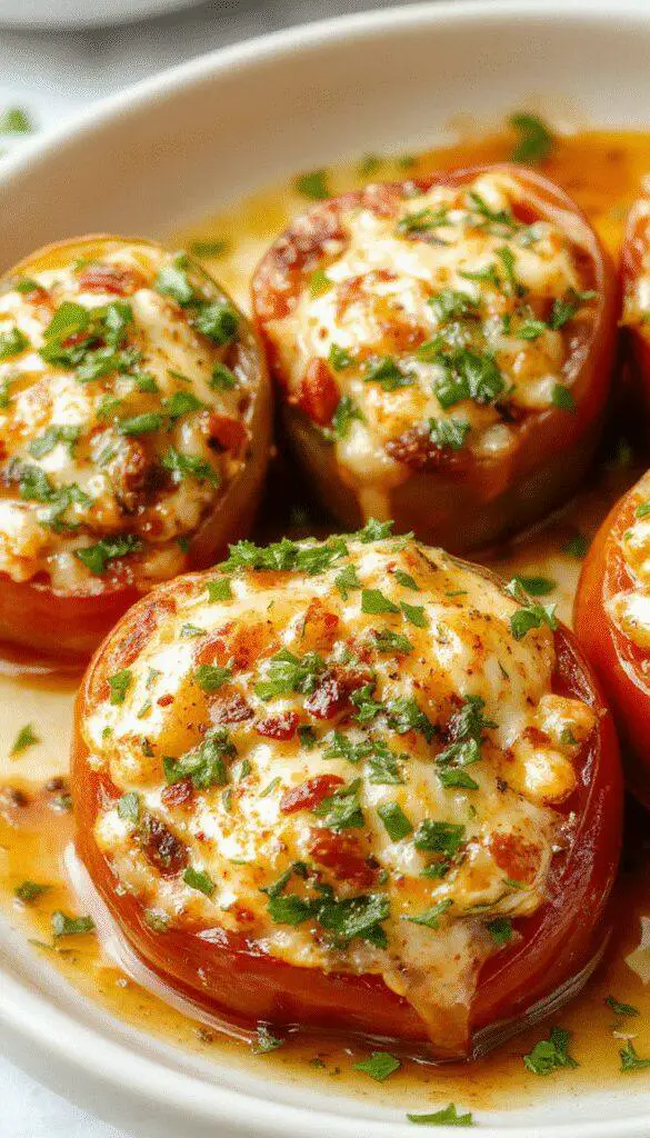 Colorful stuffed bell peppers, vibrant red and green, neatly arranged on a white plate. The peppers are halved and filled with a creamy, cheesy mixture, topped with fresh herbs. The image showcases the glossy, tender peppers and the smooth, textured filling inside, highlighting an inviting, wholesome presentation.