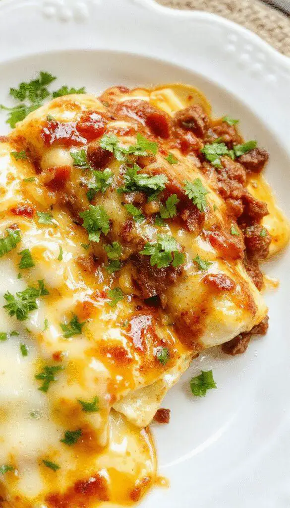 Close-up of plated healthy cheesy ground beef enchiladas featuring golden-brown tortillas filled with seasoned ground beef and melted cheese, garnished with fresh cilantro, served on a rustic plate with vibrant red sauce drizzled on top.