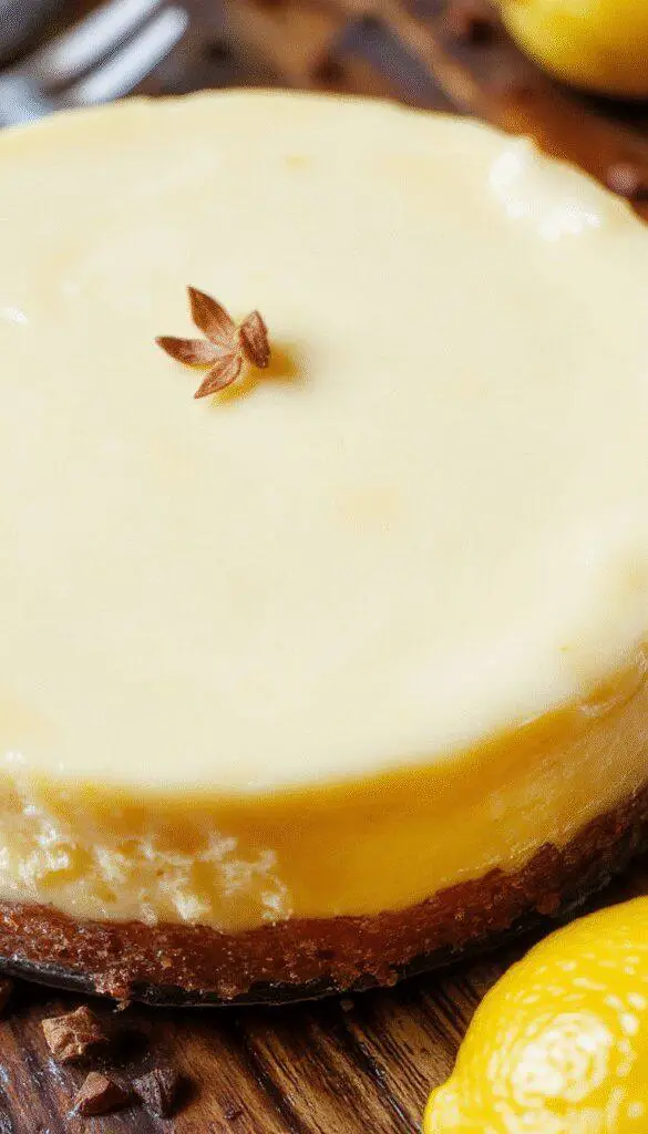 A slice of Lemon Cheesecake Cake on a white plate, topped with fresh lemon zest and a drizzle of lemon glaze. The cake has a creamy, golden-yellow filling with a smooth texture and a graham cracker crust. The background features whole lemons and a rustic wooden surface, highlighting the fresh citrus theme.