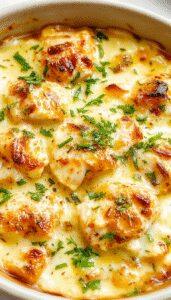A golden-brown low carb chicken casserole served in a rustic ceramic dish garnished with fresh herbs. The casserole surface is crusty with melted cheese and tender chicken pieces visible around the edges, inviting a warm and hearty feel.