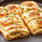 Golden-brown grilled cheese roll-ups arranged on a white plate with melted cheese oozing out, garnished with fresh herbs. The roll-ups are cut in half to reveal a gooey, creamy filling inside, with crispy edges and a soft interior, all beautifully presented with a rustic appeal.