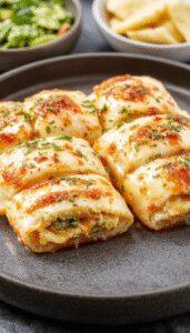 Golden-brown grilled cheese roll-ups arranged on a white plate with melted cheese oozing out, garnished with fresh herbs. The roll-ups are cut in half to reveal a gooey, creamy filling inside, with crispy edges and a soft interior, all beautifully presented with a rustic appeal.