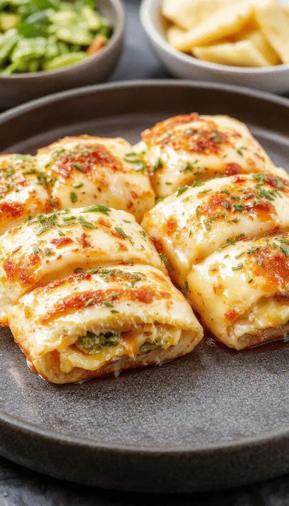 Golden-brown grilled cheese roll-ups arranged on a white plate with melted cheese oozing out, garnished with fresh herbs. The roll-ups are cut in half to reveal a gooey, creamy filling inside, with crispy edges and a soft interior, all beautifully presented with a rustic appeal.