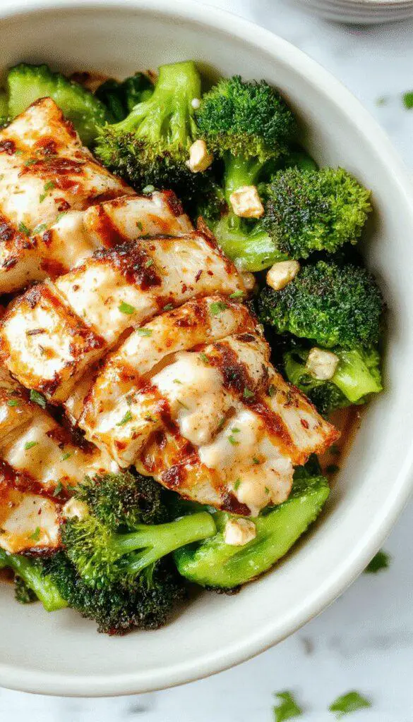 A vibrant bowl featuring grilled chicken slices nestled atop steamed broccoli florets, drizzled with a creamy garlic sauce. The dish is garnished with fresh herbs and served on a rustic wooden table, showcasing the colorful ingredients and inviting textures.