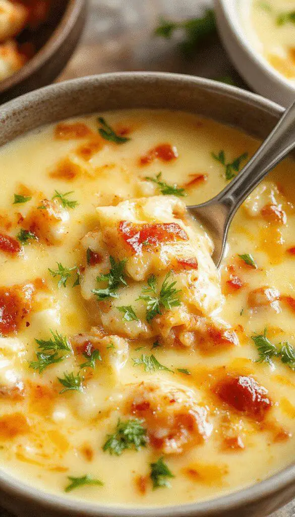 A steaming bowl of white lasagna soup garnished with fresh basil leaves, grated parmesan, and a drizzle of cream, showcasing a creamy, cheesy texture with layers of white sauce and tender pasta on a rustic wooden table.