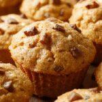 A close-up of freshly baked pumpkin muffins, golden-brown with a slightly cracked top, topped with a dollop of creamy cottage cheese. The muffins are arranged on a rustic wooden table with a few pumpkin seeds scattered around, and a small bowl of cottage cheese beside them. The scene is well-lit, highlighting the moist texture of the muffins and the smoothness of the cottage cheese, creating an appetizing and wholesome presentation.