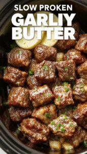 A close-up shot of tender, golden-brown beef bites glazed with garlic butter, arranged neatly on a rustic ceramic plate with fresh herbs sprinkled on top. The beef has a juicy, succulent appearance with a slight caramelized crust, highlighting its juicy interior and savory coating, served alongside colorful vegetables and garnished with chopped parsley.