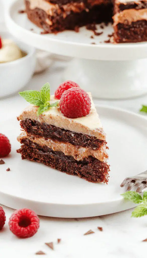 A slice of dark chocolate raspberry mousse cake on a white plate, showcasing layered textures with glossy dark chocolate glaze, ripe raspberries on top, and a light dusting of cocoa powder. The cake’s rich interior reveals a smooth, airy mousse with hints of berries, complemented by a delicate crumb crust, all beautifully presented against a neutral background.