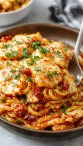 A vibrant casserole dish featuring golden-brown spaghetti layered with spicy southern chicken, garnished with fresh herbs and crispy toppings, presented on a rustic wooden table with a side of colorful vegetables
