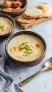A vibrant bowl of healthy jalapeno popper soup with a creamy orange base, topped with crispy bacon bits, fresh chopped parsley, and slices of jalapenos. The soup is garnished with a dollop of sour cream and sprinkled with shredded cheese, presented in a rustic white bowl on a wooden table with fresh ingredients in the background.