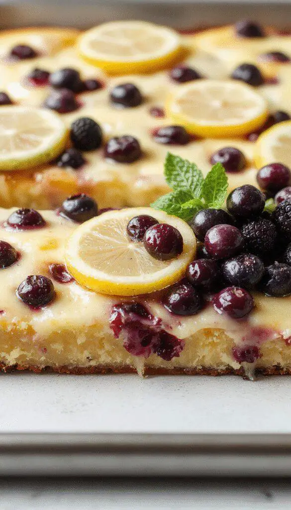 A slice of vibrant blue blueberry sheet cake on a white plate, topped with fresh blueberries and a light dusting of powdered sugar, with a golden-brown crust and moist interior visible. The cake is garnished with sprigs of mint and set on a rustic wooden table, evoking a fresh, summery feel.