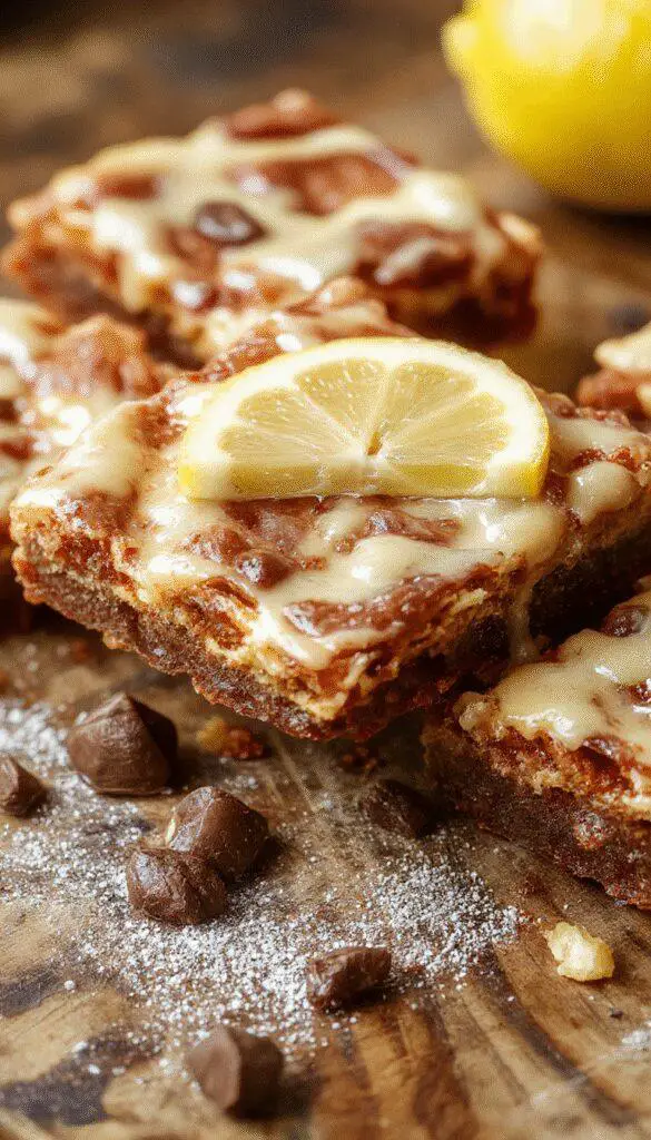 A close-up of vibrant yellow lemon brownie bars with a glossy glaze, cut into neat squares on a white plate, garnished with lemon zest and a sprig of mint, showcasing a moist, fudgy texture with a hint of citrus brightness.