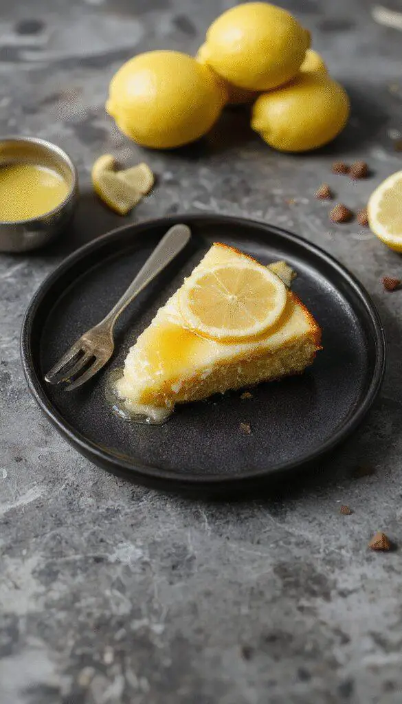 A slice of vibrant yellow lemon custard cake with a golden-brown crust on a rustic white plate, garnished with fresh lemon slices and mint leaves, with a background of a wooden table and soft natural lighting, emphasizing the cake’s moist texture and bright citrus flavor.