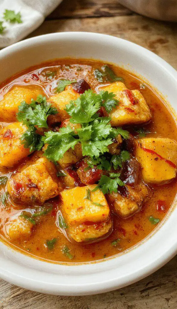 A vibrant plate featuring creamy mango chicken curry with golden-brown chicken pieces, bright yellow mango chunks, and a rich, aromatic curry sauce, garnished with fresh cilantro. The dish is presented on a white ceramic plate, contrasting beautifully with the colorful ingredients, and set against a warm, inviting background.