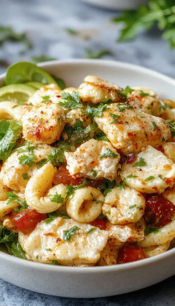 A vibrant bowl of Mediterranean chicken pasta salad showcases colorful ingredients, including grilled chicken pieces, spiral pasta, cherry tomatoes, cucumber slices, black olives, and feta cheese, garnished with fresh herbs. The salad is arranged in a rustic white bowl on a wooden surface, with some ingredients scattered around, highlighting freshness and variety.