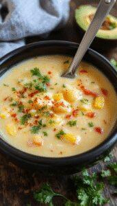 A vibrant bowl of Mexican street corn soup showcasing a creamy, golden-yellow surface topped with fresh chopped cilantro and a lime wedge on the side; the soup is served in a rustic white bowl placed on a wooden table with a few crispy corn chips nearby, all illuminated by warm, natural lighting highlighting the textures and colors.