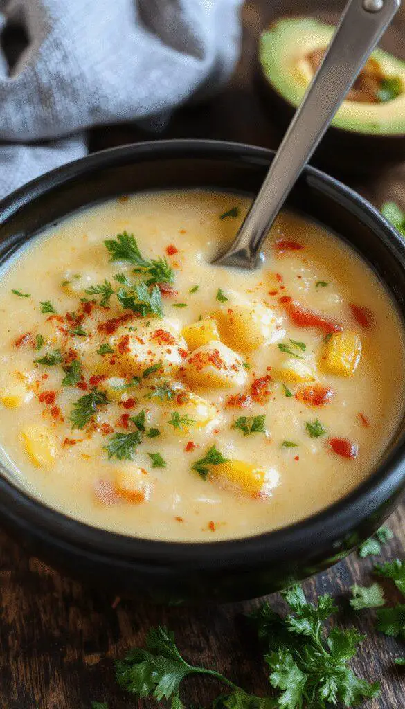 A vibrant bowl of Mexican street corn soup showcasing a creamy, golden-yellow surface topped with fresh chopped cilantro and a lime wedge on the side; the soup is served in a rustic white bowl placed on a wooden table with a few crispy corn chips nearby, all illuminated by warm, natural lighting highlighting the textures and colors.