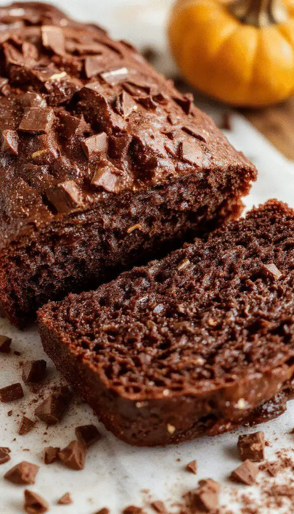 A slice of moist chocolate pumpkin bread on a rustic wooden plate, showing its rich dark chocolate swirls and bright orange pumpkin streaks, topped with a light dusting of powdered sugar. The bread’s crumb looks tender and dense, with a glossy, slightly shiny crust, and the background features a cozy kitchen setting with fall-themed decor.