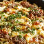 A vibrant skillet featuring golden-brown orzo pasta topped with melted cheese, garnished with fresh herbs and slices of juicy cherry tomatoes, served on a rustic wooden table with a fork and napkin nearby.